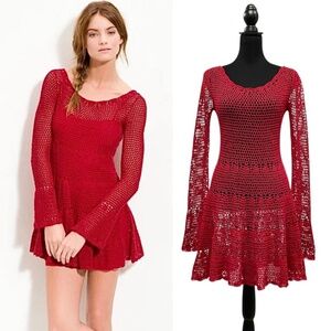 Free People Red Crochet Knit Bell Sleeve Fit & Flare Sheer Mini Dress Size S
